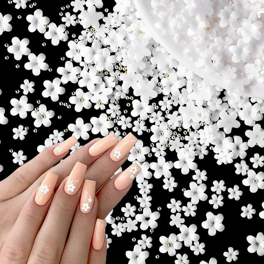 1000 Pcs White Flowers Nail Charms, Small Flower Charms for Nails, Mixed Spring Tiny Flowers Acrylic Nail Charm with Metal Golden Beads for Nails Art DIY Jewels Accessories