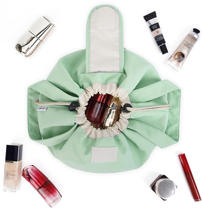 Narwey Barrel Drawstring Makeup Bag Large Floral Cosmetic Bag Make up Bags Toiletry Bag Travel Bags for Toiletries Organizer for Women Gift for Teen Girls (Mint Green) (Patent)