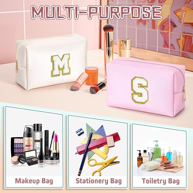 TOPEAST Preppy Small Makeup Bag, Chenille Letter Pouch Cosmetic Bag With Zipper, PU Leather Waterproof Toiletry Bag, Personalized Birthday Gift for Women, Cute Stuff for Girls (White D)
