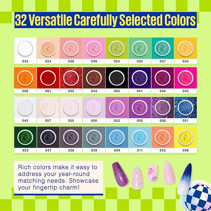 MEFA Dip Powder Nail Kit 32 Colors Spring Summer, Hot Pink Pastel Violet Neon Orange Glitter Shimmery Dipping Powder with Base Top Coat Activator Brush Saver Liquid Set French Nail Art Manicure Salon