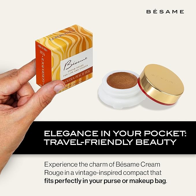BESAME Golden Peach Cream Rouge - 1976, Highly Pigmented, Matte Finish, Multi-Use for Lips and Cheeks, Vintage-Inspired Reusable Tin, Long-Wearing, Sensitive Skin Friendly