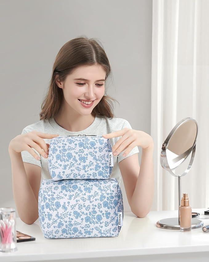 Narwey Small Cute Floral Makeup Bag for Purse Mini Cosmetic Bag Travel Makeup Pouch Zipper Pouch Cute Make up Bags with Compartments for Women Girls (Little Blue Flower, Small)