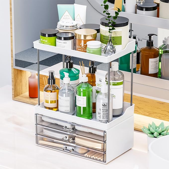 SuoXing Acrylic Makeup Organizer for Bathroom,Vanity,Countertop,14.4" Tall Large Skincare Organizers and Storage for Dresser,Bedroom,Face Product,Lotion,Cosmetic,Beauty,Drawer Perfume Organizer,White
