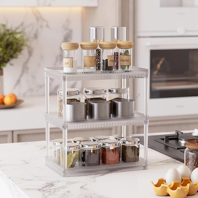 3-Tier Makeup Cosmetic Organizer Shelf Multifunctional Vanity Storage Rack for Cosmetics, Skincare, Beauty Products, Spice Organizer Shelf for Bathroom, Bedroom, Kitchen, Frosted Clear