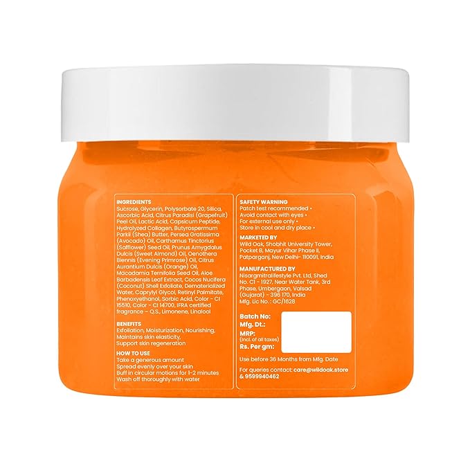 WildOak Vitamin C Shea Butter Sugar Body Scrub | With Collagen & Peptides | Tan Removal | Lightens Dark Area Like Neck & Elbows | Smoothen Bumpy Legs & Hands | Hydrating & Exfoliating Scrub | 10.58 oz