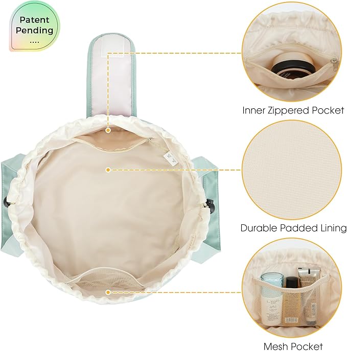 Narwey Barrel Drawstring Makeup Bag Large Floral Cosmetic Bag Make up Bags Toiletry Bag Travel Bags for Toiletries Organizer for Women Gift for Teen Girls (Mint Green) (Patent)