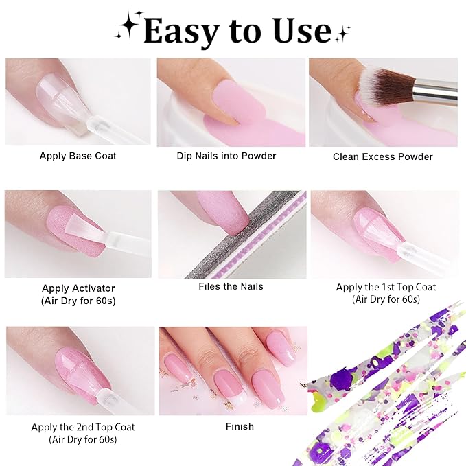 Dip Powder For Nails - Purple Pink Lime Green Hexagon Sequins - No Lamp Curing - Long Lasting Colors - Nail Art Starter Manicure DIY At Home - 1oz