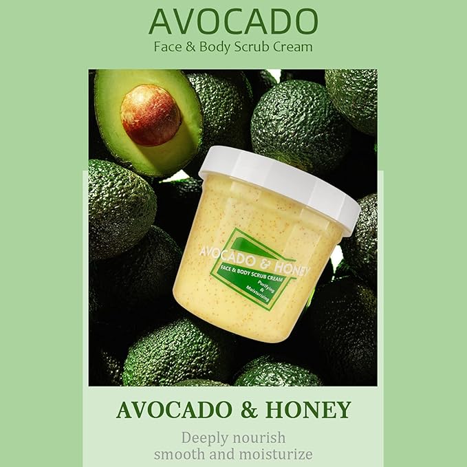 Avocado Honey Face Body Neck Scrub Cream Purifying Moisturizing Nourishing Skin 300ml/10.58fl.oz