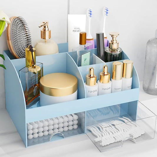 Makeup Organizer with Drawers, Cosmetic Storage for Dresser Vanity and Bathroom Countertop, Beauty Holder for Lipstick Brush, Skincare Organizer for Vanity, Cosmetic Display Case (Blue)