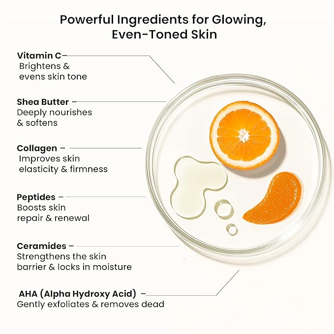 WildOak Vitamin C Shea Butter Sugar Body Scrub | With Collagen & Peptides | Tan Removal | Lightens Dark Area Like Neck & Elbows | Smoothen Bumpy Legs & Hands | Hydrating & Exfoliating Scrub | 10.58 oz