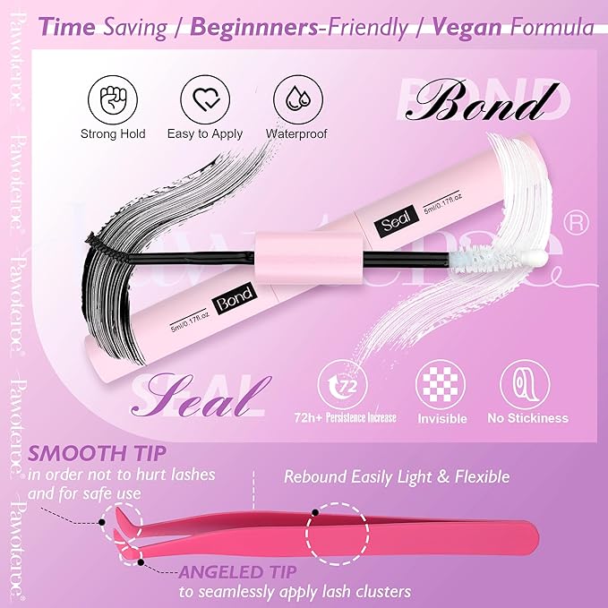 Pawotence Lash Extension Kit DIY Individual Lash Clusters Kit Full 50D with Lash Bond and Seal and Lash Applicator, 9-16mm Clusters Eyelash Extension Kit at Home (Full 50D, 9-16mm, Kit)