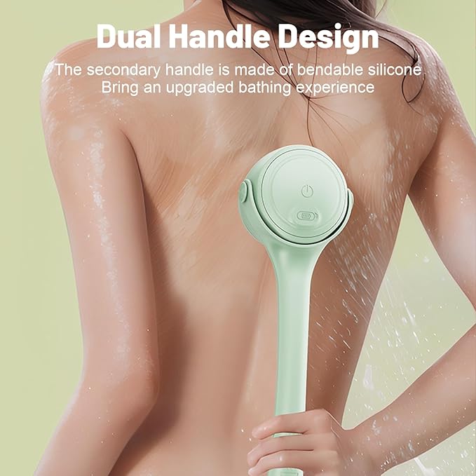Electric Body Brush Back Scrubber for Shower Rechargeable, Exfoliating Bath Brush Waterproof Long Dual Handle Power Body Scrubber with 4 Heads, 2 Speeds, for Cleansing Massaging Skin