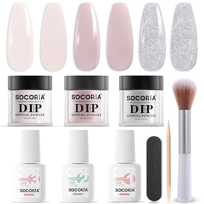Dip Powder Nail Kit Starter, All Seasons Light Bean Paste Red Silver Glitter Dipping Powder Liquid Set with Base Top Coat and Activator for Nail Art Manicure Salon DIY 9 Pcs