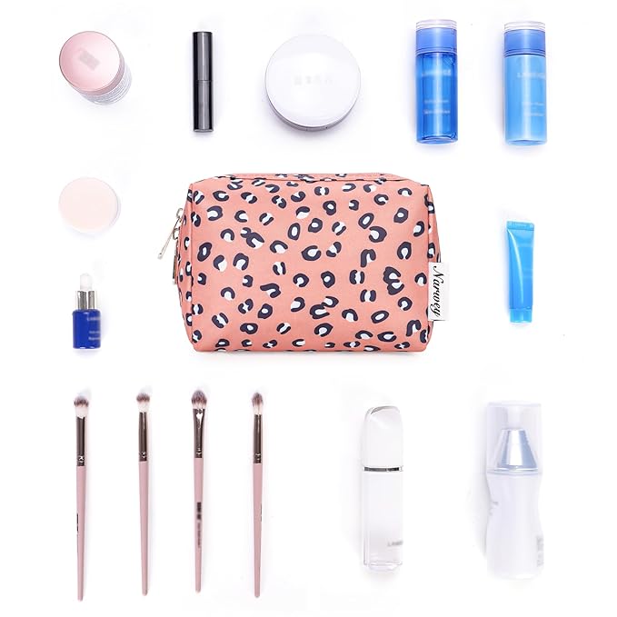 Narwey Small Cheetah Makeup Bag for Purse Mini Cosmetic Bag Travel Makeup Pouch Zipper Pouch Cute Make up Bags with Compartments for Women Girls (Leopard, Small)