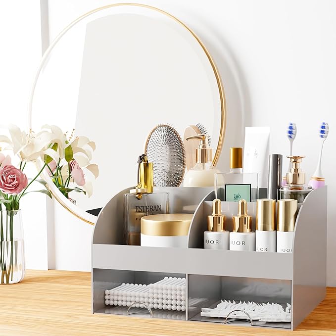Makeup Organizer with Drawers, Cosmetic Storage for Dresser Vanity and Bathroom Countertop, Beauty Holder for Lipstick Brush, Skincare Organizer for Vanity, Cosmetic Display Case (Grey)