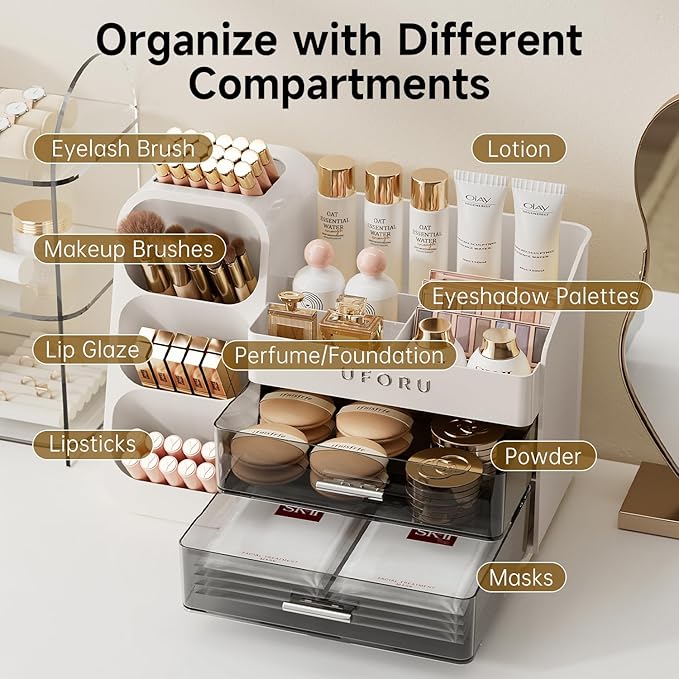 Makeup Organizer for Vanity, Countertop Organizer With Drawers, Spacious Cosmetic Display Case for Beauty Essential, Skincare, Lipstick, White