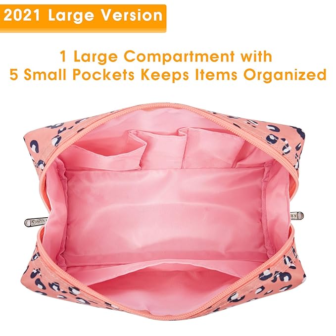Narwey Cute Cheetah Makeup Bag Travel Cosmetic Bag Organizer Toiletry Bag Make Up Bags with Compartments for Women Girls (Large, Leopard)