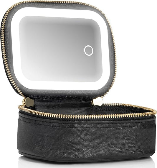Small Makeup Bag Travel Train Case with Mirror and Light Mini Travel Make up for Women Train Case Cosmetic Organizer 3 Adjustable Brightness Toiletry Bag Portable Artist Storage