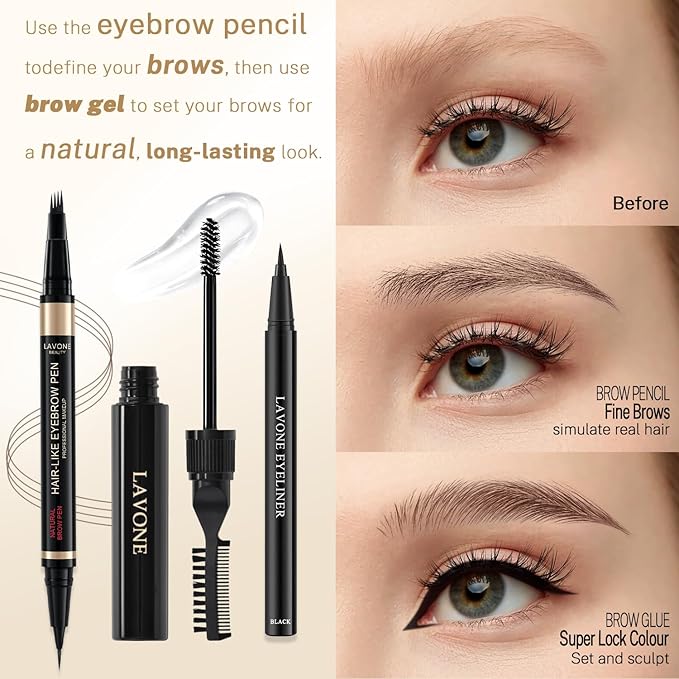 Microblading Eyebrow Pen Kit - Waterproof Brow Makeup Set with Eyebrow Pencil, Eyebrow Gel Clear, Eyeliner, Dual-ended Eyebrow Brush, Natural Looking Brows with Long-Lasting All-Day Hold - Dark Coffee