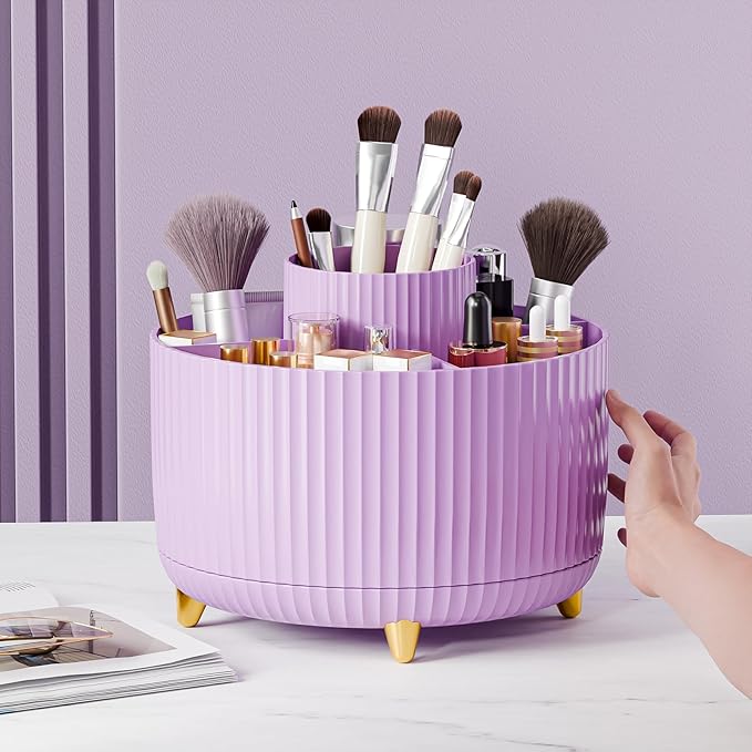 360° Rotate Makeup Brush Holder Organizer, Makeup Organizers Countertop, Makeup organization and Skincare Storage for Vanity, Desktop, Bathroom (Purple)