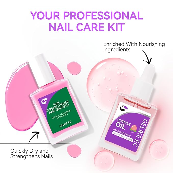 Gelike EC Nail Care Gift Set: Pink Fingernail Strengthener & Peach Cuticle Oil 15ml - Cute & Fruity Manicure Set for Thin Peeling Nails - Women Mom Girlfriend Teens Girls Favorite