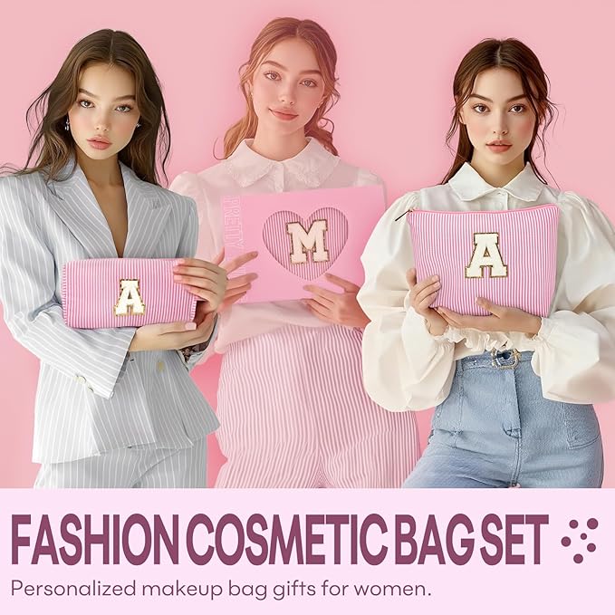 mibasies 2 PCS Initial Makeup Bags: Mothers Day Gifts for Women - Best Friend Birthday Gifts Graduation Gifts Wedding Bridesmaid Girlfriend Wife Daughter Sister Girl Gifts - Pink M
