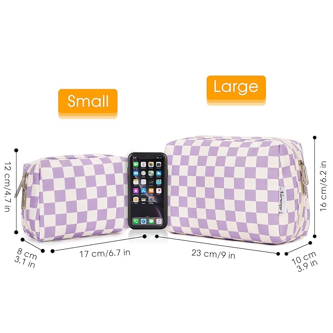 Narwey Small Checkered Makeup Bag for Purse Mini Cosmetic Bag Travel Makeup Pouch Zipper Pouch Cute Make up Bags with Compartments for Women Girls (Purple Checkerboard, Small)