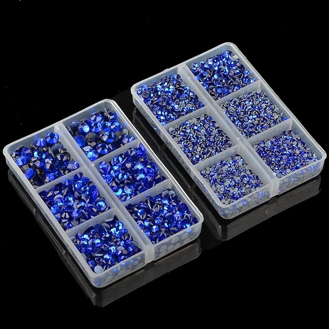 10000Pcs 2-Boxes Mixed Size Hot Fix Round Crystals Gems Glass Stones Hotfix Flat Back Rhinestones with Tweezers and Picking Pencil (Sapphire)