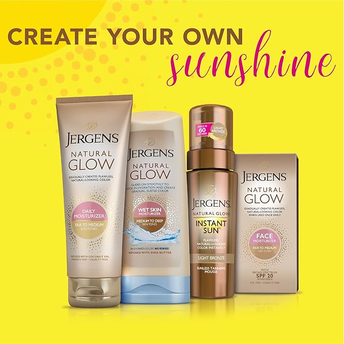 Jergens Natural Glow Face Self Tanner Lotion with SPF 20, Sunless Tanning, Medium to Deep Skin Tone Moisturizer, Daily Facial Sunscreen, Oil Free, Broad Spectrum UVA and UVB Protection,2 Oz(Pack of 2)