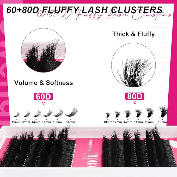Lash Clusters Kit Fluffy 60D 80D Individual Lashes D Curl Cluster Eyelash Extensions 10-18mm DIY Lash Extension Kit Lash Bond and Seal Waterproof, Lash Applicator, Thick False Eyelashes Kit