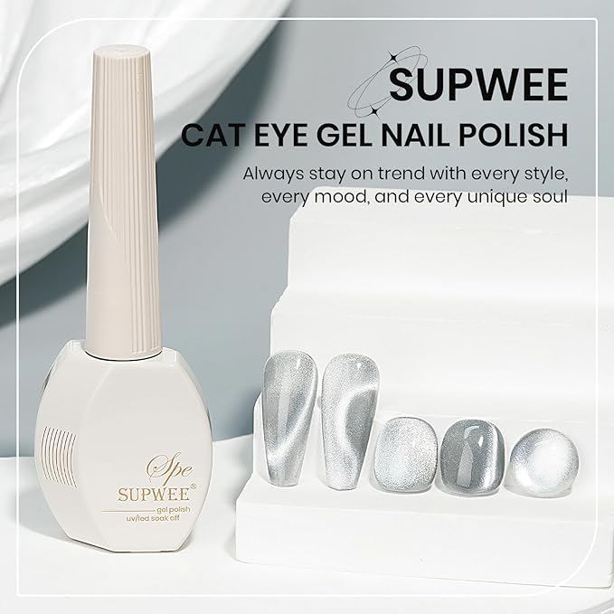 Silver Cat Eye Gel Polish, Magnetic Holographic Gel Nail Polish Glitter Shimmer Gel Polish with Magnet Soak Off U V Gel Salon DIY at Home, 0.5 OZ