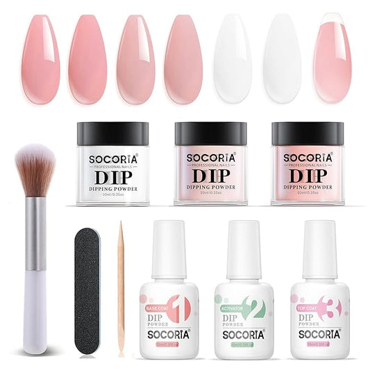 Dip Powder Nail Kit Starter, Gentle Nude Pink Milky White Neutral Skin Color and Dipping Powder Liquid Set with Base Top Coat and Activator for French Nail Art Manicure DIY Salon 9PCS