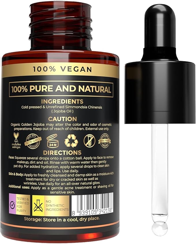 100% Plant Based Jojoba Oil Organic for Hair, Skin, Face & Nails | Aceite de Jojoba | Cold Pressed, Unrefined Body Oil for Deep Moisturizing, Anti-Aging & Scalp Nourishment | Natural Makeup Remover