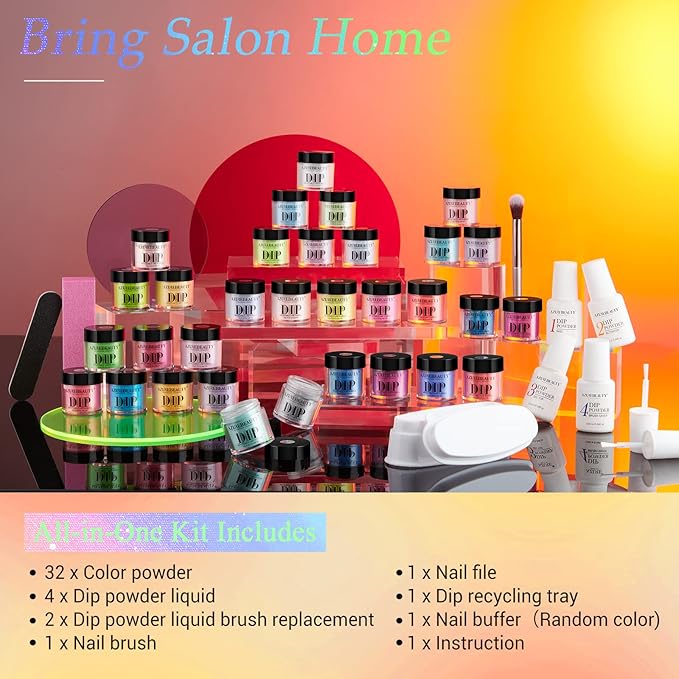 AZUREBEAUTY Spring Summer Bright Pastel Neon Color 42 Pcs Dip Powder Nail Kit, Pink Yellow Purple Mint Green Color Dip Nails Powder Starter Set with Essential Liquid Recycling Tray Nail Manicure