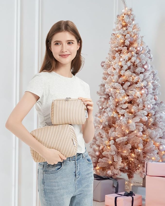 Narwey Small Striped Makeup Bag for Purse Mini Cosmetic Bag Travel Makeup Pouch Zipper Pouch Cute Make up Bags with Compartments for Women Girls (Brown Stripe, Small)