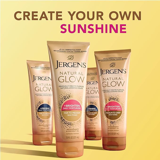 Jergens Natural Glow +Firming Self Tanner Body Lotion, Fair to Medium Skin Tone, Sunless Tanning Moisturizer with Collagen and Elastin. Helps to Visibly Reduce Cellulite, 7.5 Fl Oz