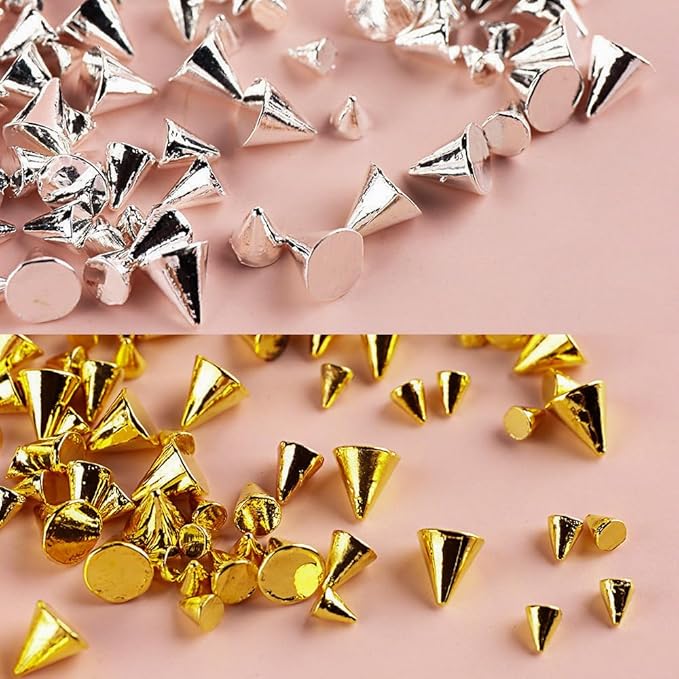 100Pcs Unique Cone Nail Art Studs, 3D Chrome Conic Nail Charms, Punk Vintage Mixed Shapes Nail Accessories, Mixed Color Gothic Retro Nail Rhinestones for DIY Nail Art Designs Supplies (Mixed Cone)