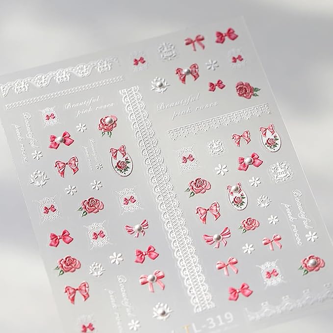 1 Sheets Embossed Pink Bow Nail Stickers for Nail Art 5D Self Adhesive Flower Nail Art Stickers with Pearl Design Pink Bows Floral Nail Decals White Small Flowers for Women DIY Manicure Decor