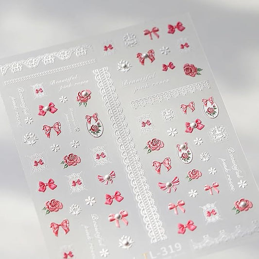 1 Sheets Embossed Pink Bow Nail Stickers for Nail Art 5D Self Adhesive Flower Nail Art Stickers with Pearl Design Pink Bows Floral Nail Decals White Small Flowers for Women DIY Manicure Decor