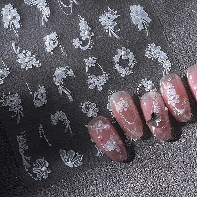 1 Sheets White Flower Nail Art Stickers Self Adhesive Bow Nail Stickers for Nail Art White Bows Floral Nail Decals with Pearl Design for Women Girl DIY Manicure Decor