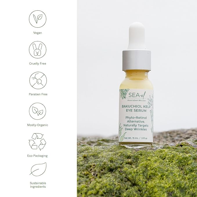 Bakuchiol Kelp Eye Serum Plant-Based Skincare Naturally Boosts Under Eye Glow Targets Deep Wrinkles & Supports Smooth Skin - Retinol Alternative for Women or Men, Vegan - .5 oz