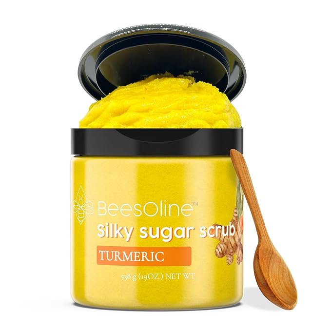 Silky Sugar Scrub by BeesOline - Premium Fine Cane Sugar | Turmeric - Extra Large 20oz, Convienent Flip-Top Lid, Organic Sunflower Oil & COCONUT OIL for Smooth Gentle Exfoliation