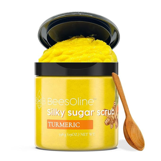 Silky Sugar Scrub by BeesOline - Premium Fine Cane Sugar | Turmeric - Extra Large 20oz, Convienent Flip-Top Lid, Organic Sunflower Oil & COCONUT OIL for Smooth Gentle Exfoliation