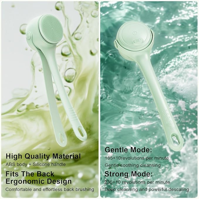 Electric Body Brush Back Scrubber for Shower Rechargeable, Exfoliating Bath Brush Waterproof Long Dual Handle Power Body Scrubber with 4 Heads, 2 Speeds, for Cleansing Massaging Skin