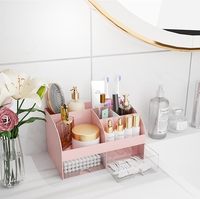 Makeup Organizer with Drawers, Cosmetic Storage for Dresser Vanity and Bathroom Countertop, Beauty Holder for Lipstick Brush, Skincare Organizer for Vanity, Cosmetic Display Case (Pink)