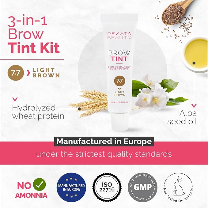 RB RENATA BEAUTY Brow Tint Kit – Eyebrow Tint Set – Dye Kit with Color Tint, Cream Developer and Styling Brush – Long-Lasting Effect Up to 4 Weeks – 30 Applications [Light Brown]