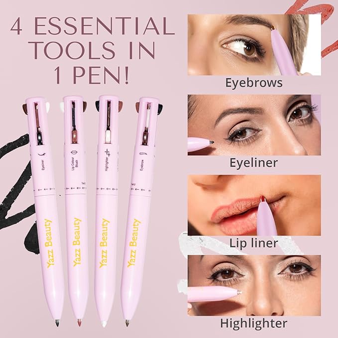 YazzBeauty - 4 in 1 Makeup Touch Up Pen with Brown Mauve Lip Liner, Black Eyeliner, Dark Brown Eyebrow Pencil, and Champagne Gold Highlighter, Compact Beauty Pen, Smudge Proof, Vegan, Cruelty-Free