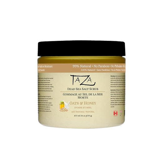 Premium Taza Oats and Honey Dead Sea Salt Scrub, 473 ml 24 oz (670 g) Exfoliates Your Skin Leaving it Soft and Hydrated Contains: Coconut Oil, Shea Butter, Grapeseed Oil, Sweet Almond Oil, 26 Minerals
