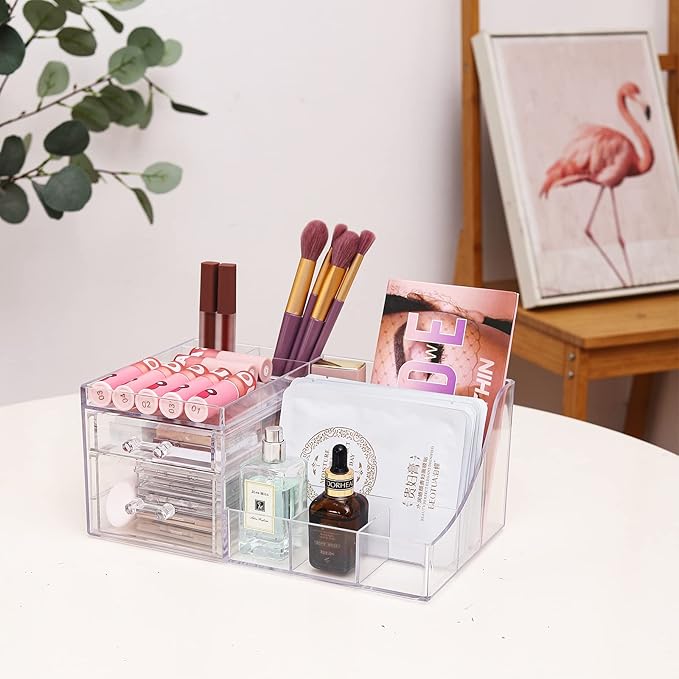 Cq acrylic 1 Pack Clear Skincare Organizer for Vanity,Stackable 2 Drawers Make Up Organizer,Cute Cosmetic Organizer for Vanity Jewelry,Hair Clip,Beauty,Skincare Product Dresser Acrylic Desk Organizer