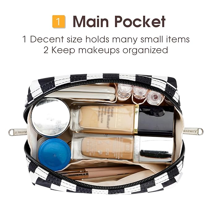 Narwey Small Checkered Makeup Bag for Purse Mini Cosmetic Bag Travel Makeup Pouch Zipper Pouch Cute Make up Bags with Compartments for Women Girls (Black Checkerboard, Small)